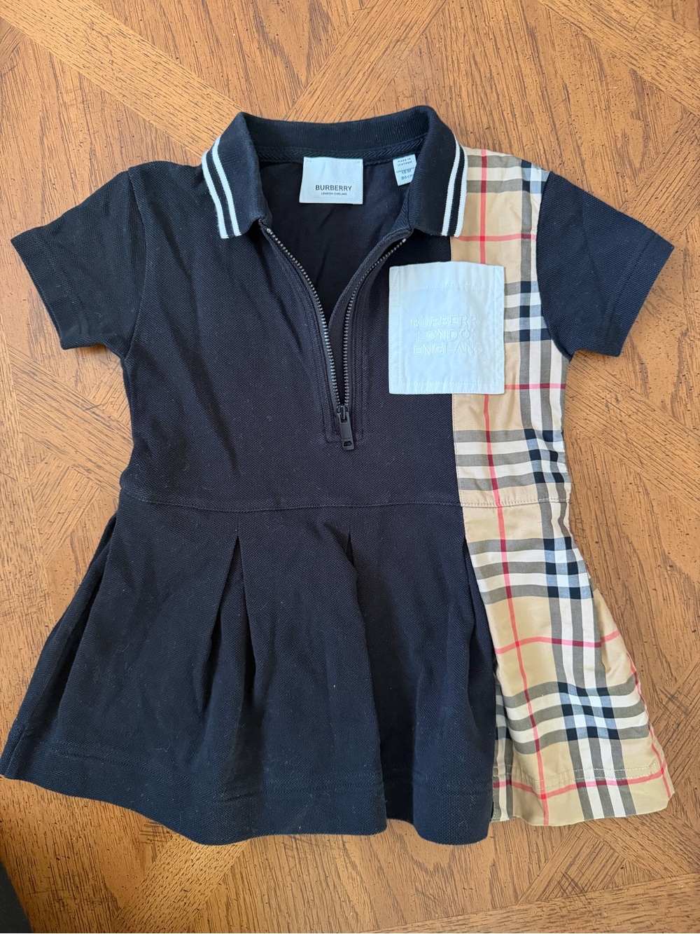 Burberry Kids Black Polo Dress with Iconic Checker Panel - Size 18M Toddler Kids